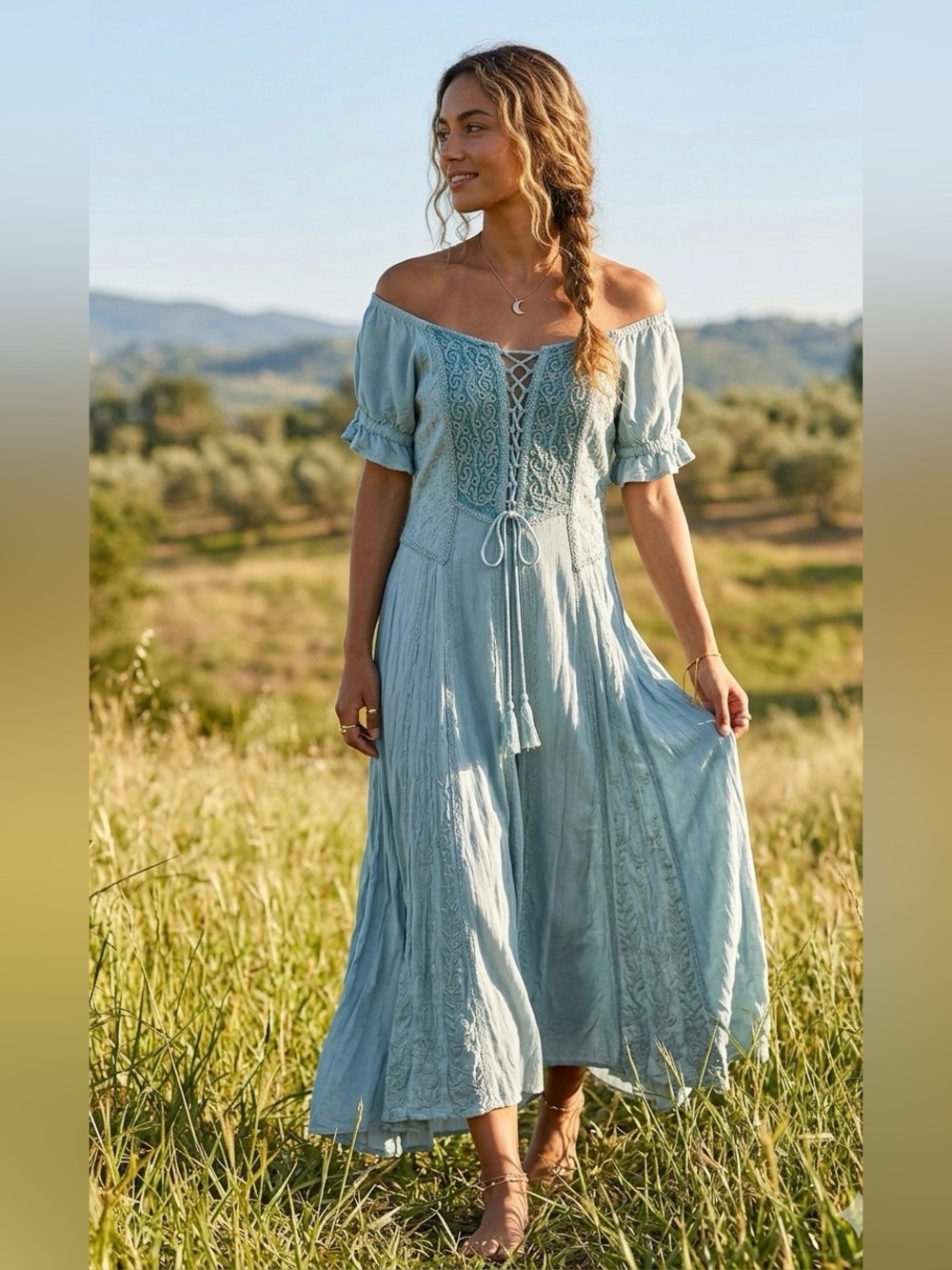 Boho Whimsical Sz L Dress Corset Maxi Peasant Prairie Romantic Ethereal Fairy